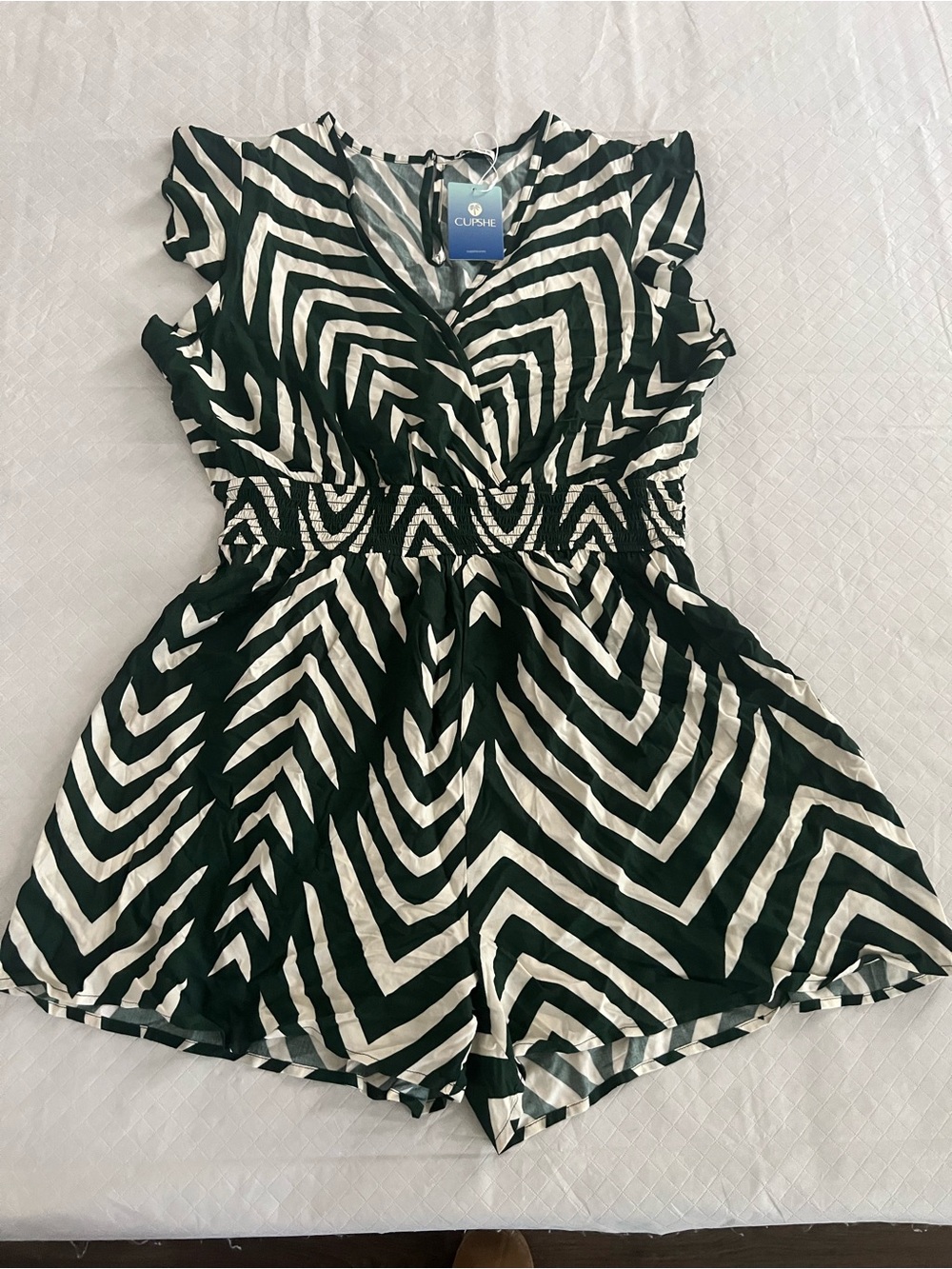 Cupshe Green & White Striped Smocked Waist Romper